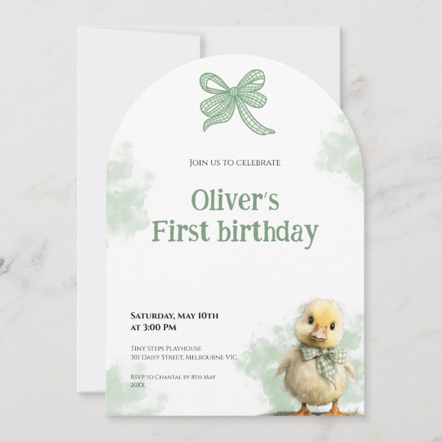 First Birthday Invitation Duck Bow Baby Birthday Inbjudningar (Framsida)