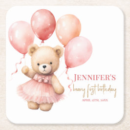 First Birthday Paper Coasters – Watercolor Teddy  Underlägg Papper Kvadrat