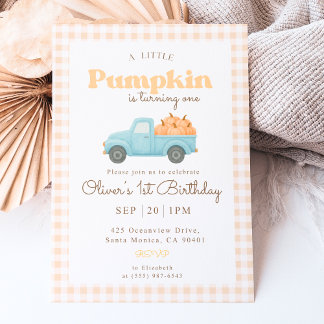 First Birthday Pumpkin Invitation - Blue Truck Inbjudningar