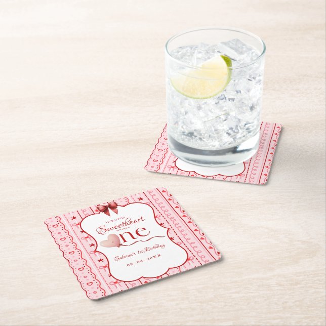 First Birthday valentine baby birthday party Underlägg Papper Kvadrat (Insitu)