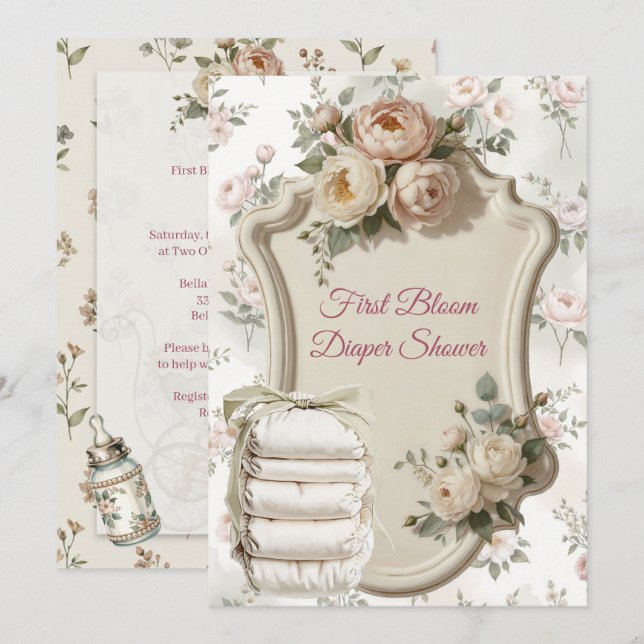 First Bloom Diaper Shower Invitation Inbjudningar (Fram/baksida)