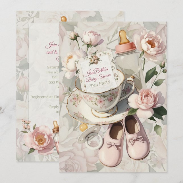 First Bloom Tea Party Baby Shower Invitation Inbjudningar (Fram/baksida)