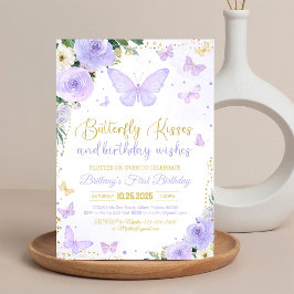 First Butterfly Kisses Lila Butterfly Birthday Inbjudningar