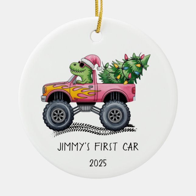 First Car Personalized Dinosaur Monster Truck Julgransprydnad Keramik (Framsidan)