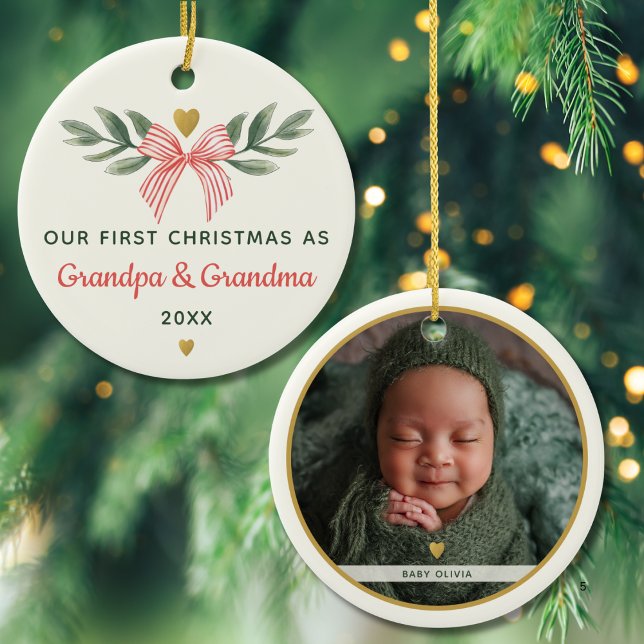 First Christmas As Grandma Grandpa Baby Photo Name Julgransprydnad Keramik (Skapare uppladdad)