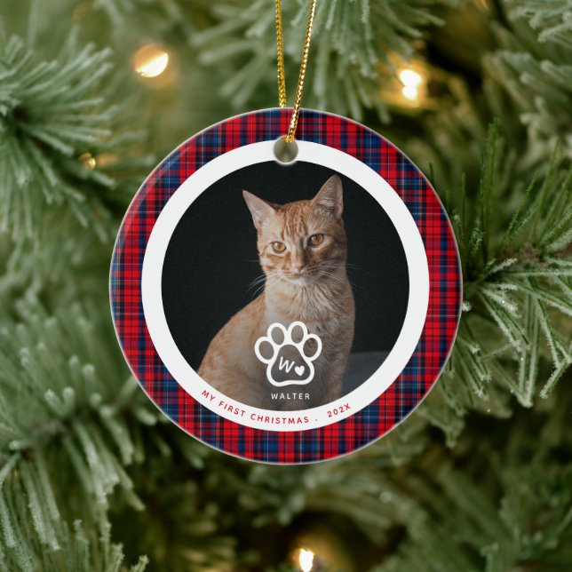 First Christmas Cat Photo Monogram Name Tartan Julgransprydnad Keramik (Träd)