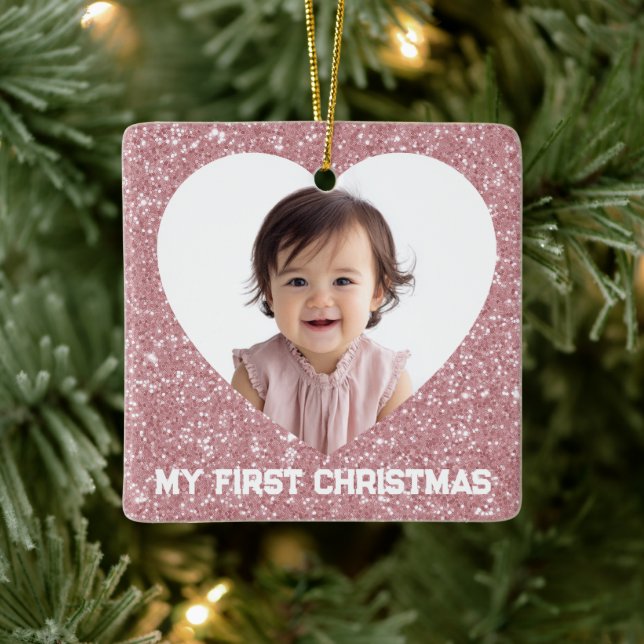 First Christmas Custom Baby Photo Glitter Ornament (Träd)