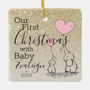 First Christmas Custom Gold Glitter Baby Elephant Julgransprydnad Keramik