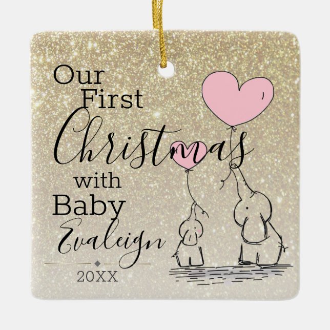 First Christmas Custom Gold Glitter Baby Elephant Julgransprydnad Keramik (Framsida)