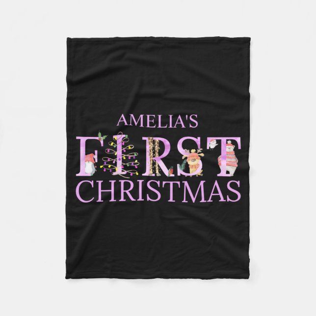 First Christmas Cute Animal Letters Girl Name Baby Fleecefilt (Framsidan)