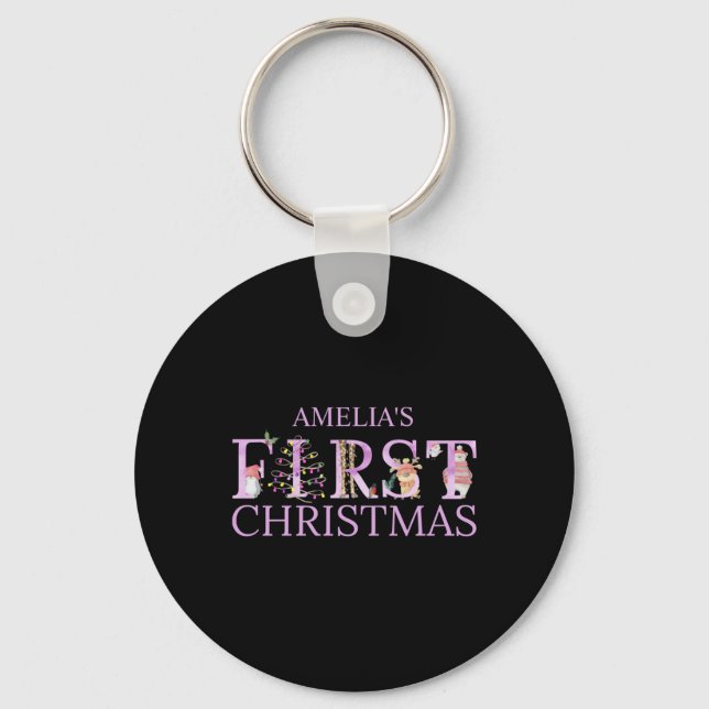 First Christmas Cute Animal Letters Girl Name Baby Nyckelring (Framsida)