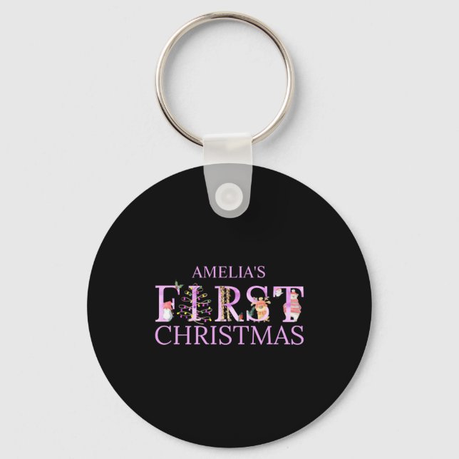 First Christmas Cute Animal Letters Girl Name Baby Nyckelring (Framsida)