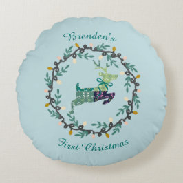 First Christmas Deer with Wreath Teal Customize Rund Kudde