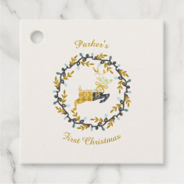 First Christmas Deer with Wreath Yellow Cream Gåvor Etiketter