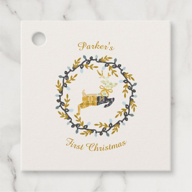 First Christmas Deer with Wreath Yellow Cream Gåvor Etiketter (Framsida)