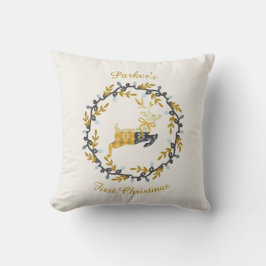First Christmas Deer with Wreath Yellow Cream Kudde