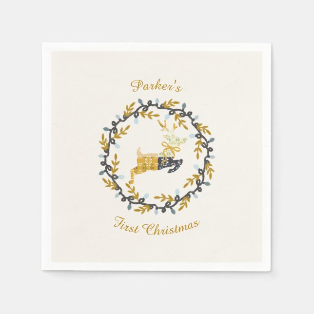 First Christmas Deer with Wreath Yellow Cream Pappersservett (Framsidan)