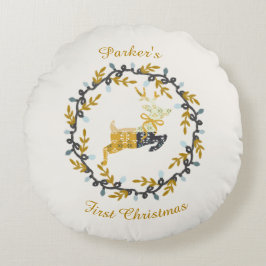 First Christmas Deer with Wreath Yellow Cream Rund Kudde