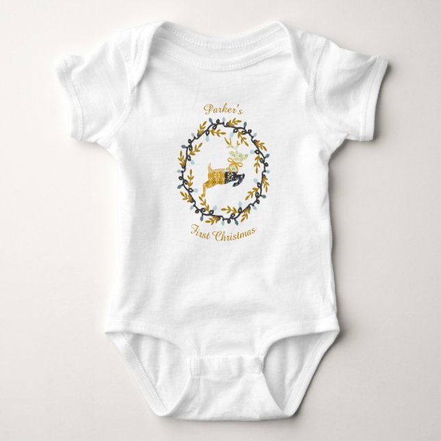 First Christmas Deer with Wreath Yellow Customize T Shirt (Framsida)