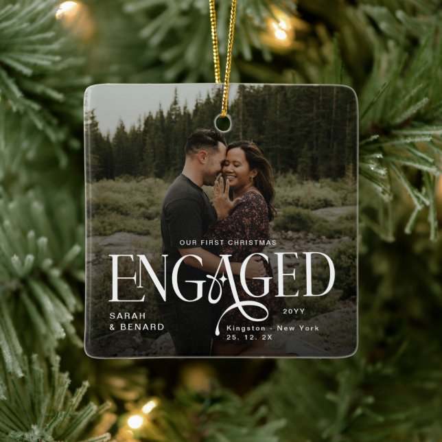 First Christmas Engaged  Chic Couples 2 Photos Julgransprydnad Keramik (Träd)