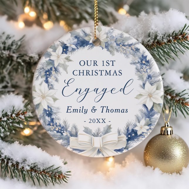 First Christmas Engaged Floral Wreath Photo Julgransprydnad Keramik (Skapare uppladdad)