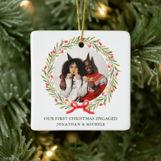 First Christmas Engaged Greenery Berries 2 photo Julgransprydnad Keramik