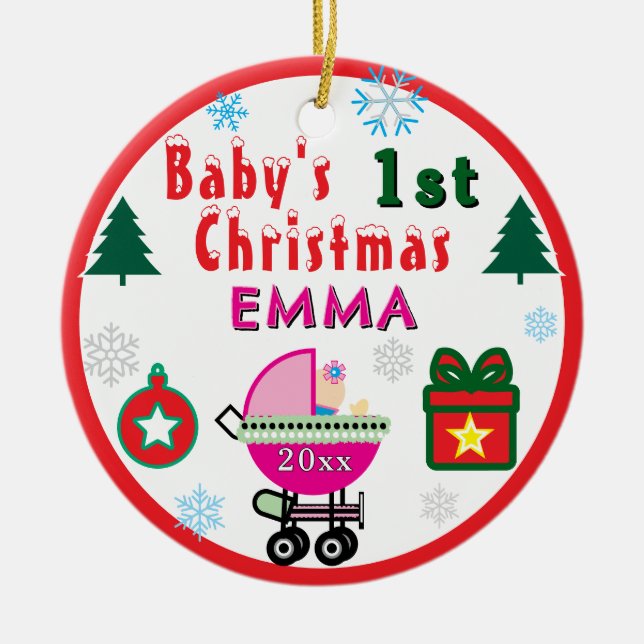 First Christmas Girl Pink Name PHOTO Julgransprydnad Keramik (Framsidan)