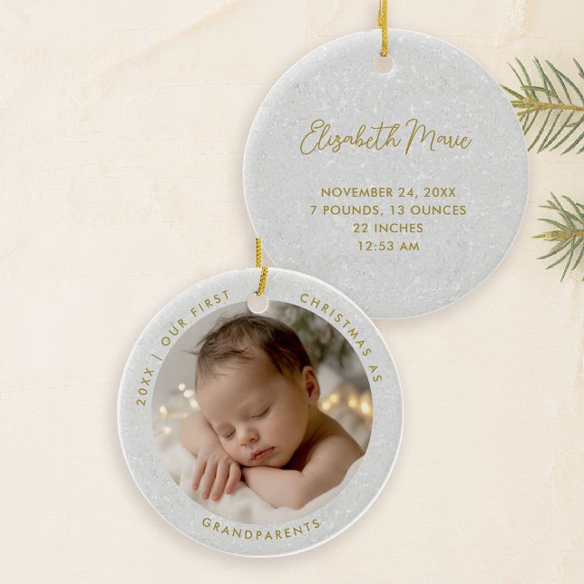 First Christmas Grandparents Minimal Gold Photo Julgransprydnad Keramik (first christmas grandparents photo ornament gift modern simple minimal typography white gold)