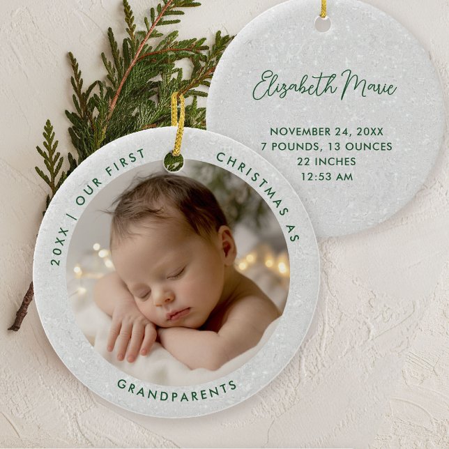 First Christmas Grandparents Minimal Green Photo Julgransprydnad Keramik (first christmas grandparents photo ornament gift modern simple minimal typography white green)