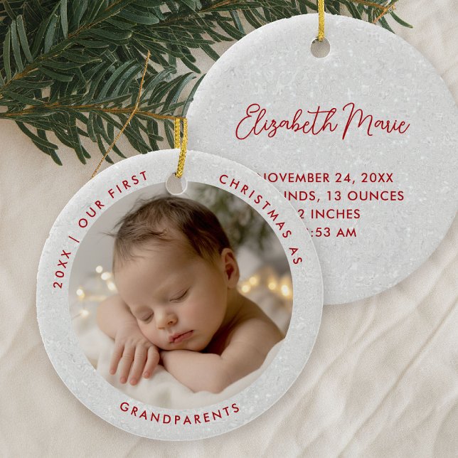 First Christmas Grandparents Minimal Red Photo Julgransprydnad Keramik (first christmas grandparents photo ornament gift modern simple minimal typography white red)