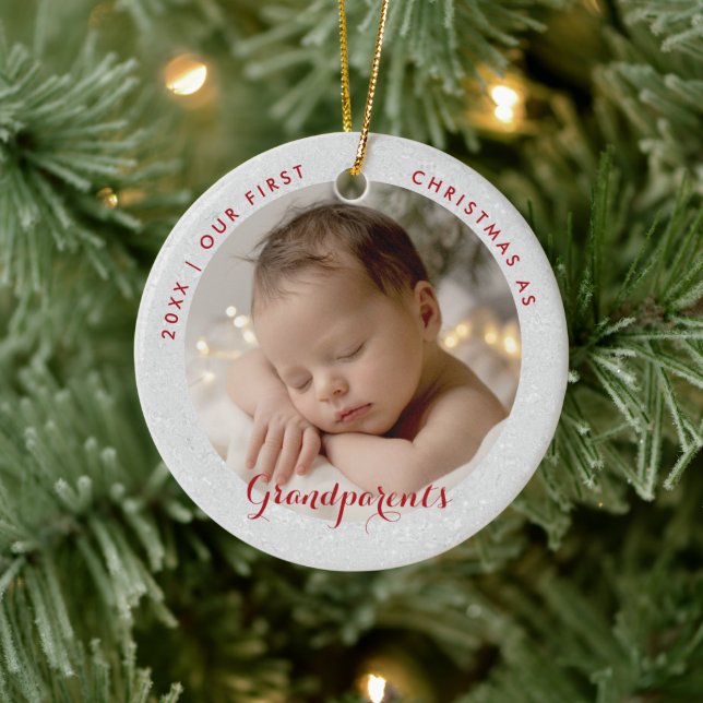 First Christmas Grandparents Red Script Photo Julgransprydnad Keramik (Träd)