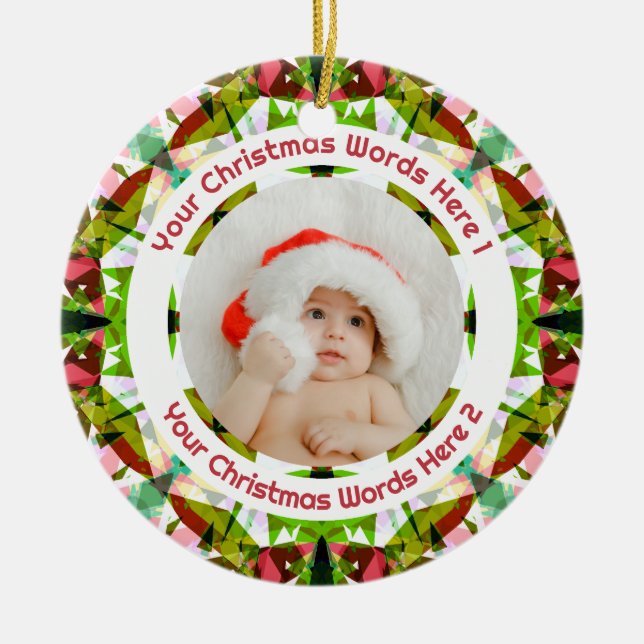 First Christmas Green Pink Photo Baby Keepsake Julgransprydnad Keramik (Framsidan)