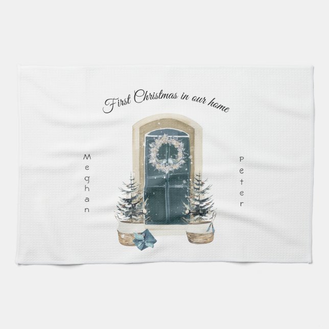 First Christmas In Our Home Watercolor Sage Green Kökshandduk (Horisontell)