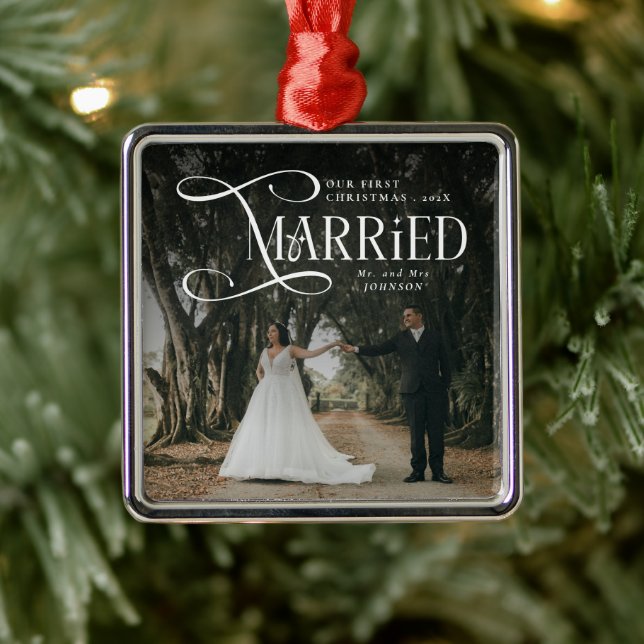 First Christmas Married Mr & Mrs Couples Photo  Julgransprydnad Metall (Träd)