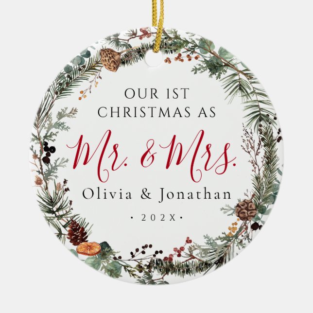 First Christmas Mr. & Mrs. Greenery Wreath Photo Julgransprydnad Keramik (Framsidan)