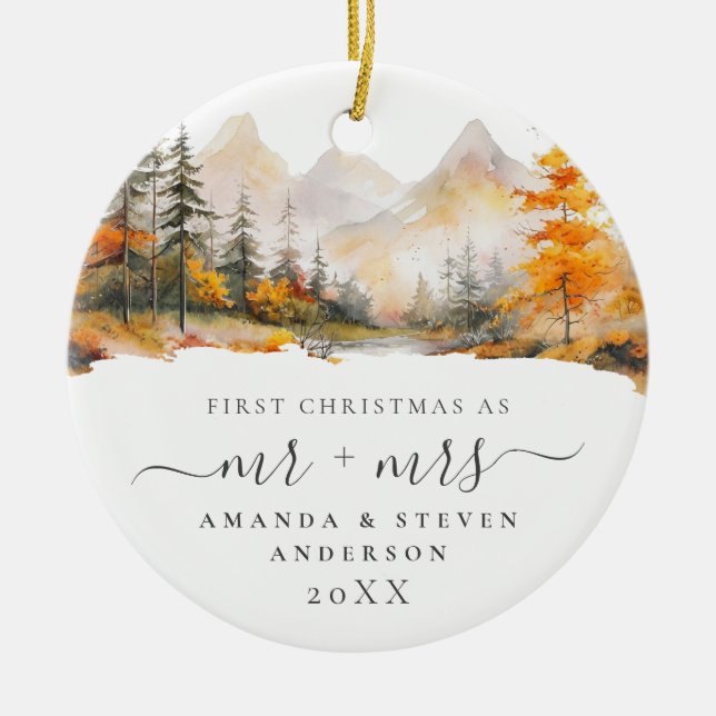 First Christmas Mr Mrs Mountain Forest Wedding Julgransprydnad Keramik (Framsidan)