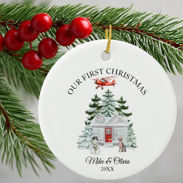 First Christmas New Home Airplane House Dog Custom Julgransprydnad Keramik
