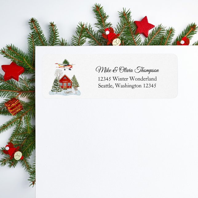 First Christmas New Home Cessna Airplane and Tree Returadress Etikett (Skapare uppladdad)