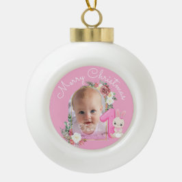 First Christmas Pink Baby Girl Photo floral Julgranskula Keramik