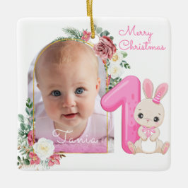 First Christmas Pink Baby Girl Photo floral Julgransprydnad Keramik