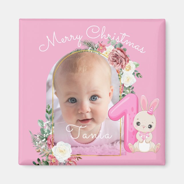 First Christmas Pink Baby Girl Photo floral Magnet (Framsidan)