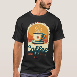 First Coffee | Vintage Sunset Retro Heart Coffee T Shirt