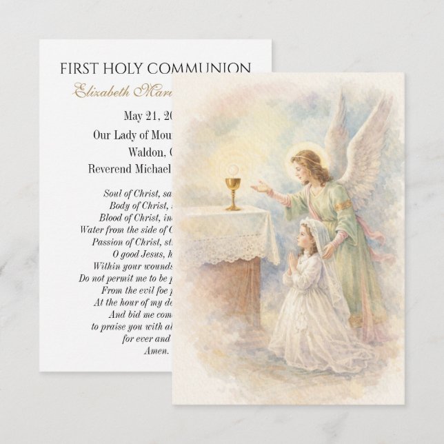 First Communion Angel Eucharist Prayer Keepsake Meddelande (Fram/baksida)