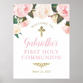 First Communion & Baptism, Pink Floral Gold Poster