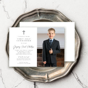 First Communion Black White Minimalist Boy Photo Inbjudningar