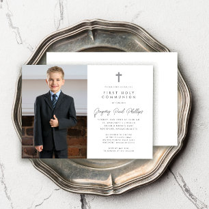 First Communion Black White Minimalist Boy Photo Inbjudningar