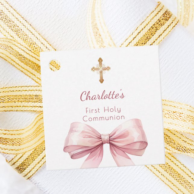 First Communion blush pink bow cross girl DIY Gåvor Etiketter (Skapare uppladdad)