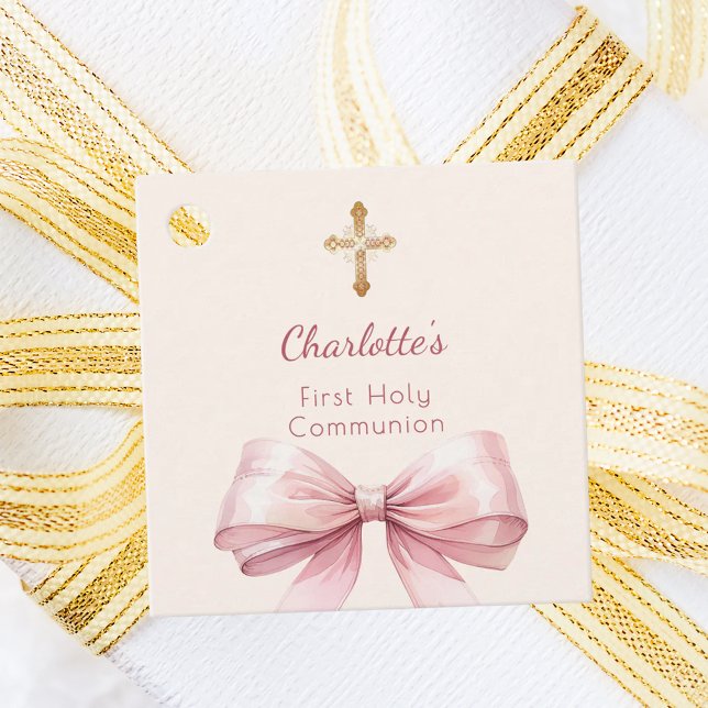 First Communion blush pink bow ivory cross DIY Gåvor Etiketter (Skapare uppladdad)