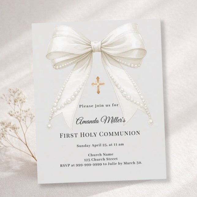 First Communion bow ivory pearls gray invitation (Skapare uppladdad)