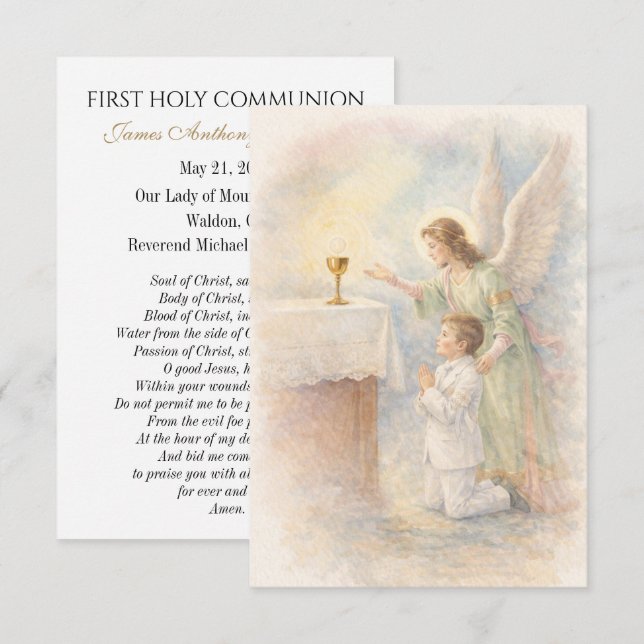 First Communion Boy Angel Eucharist Prayer Card Meddelande (Fram/baksida)